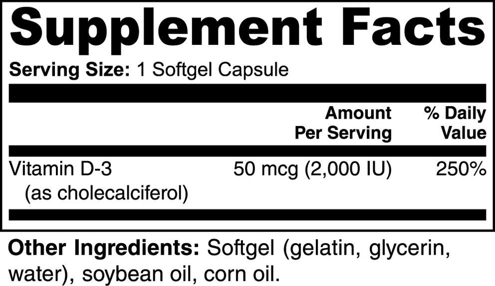 Vitamin D3 2,000 IU nutritional facts