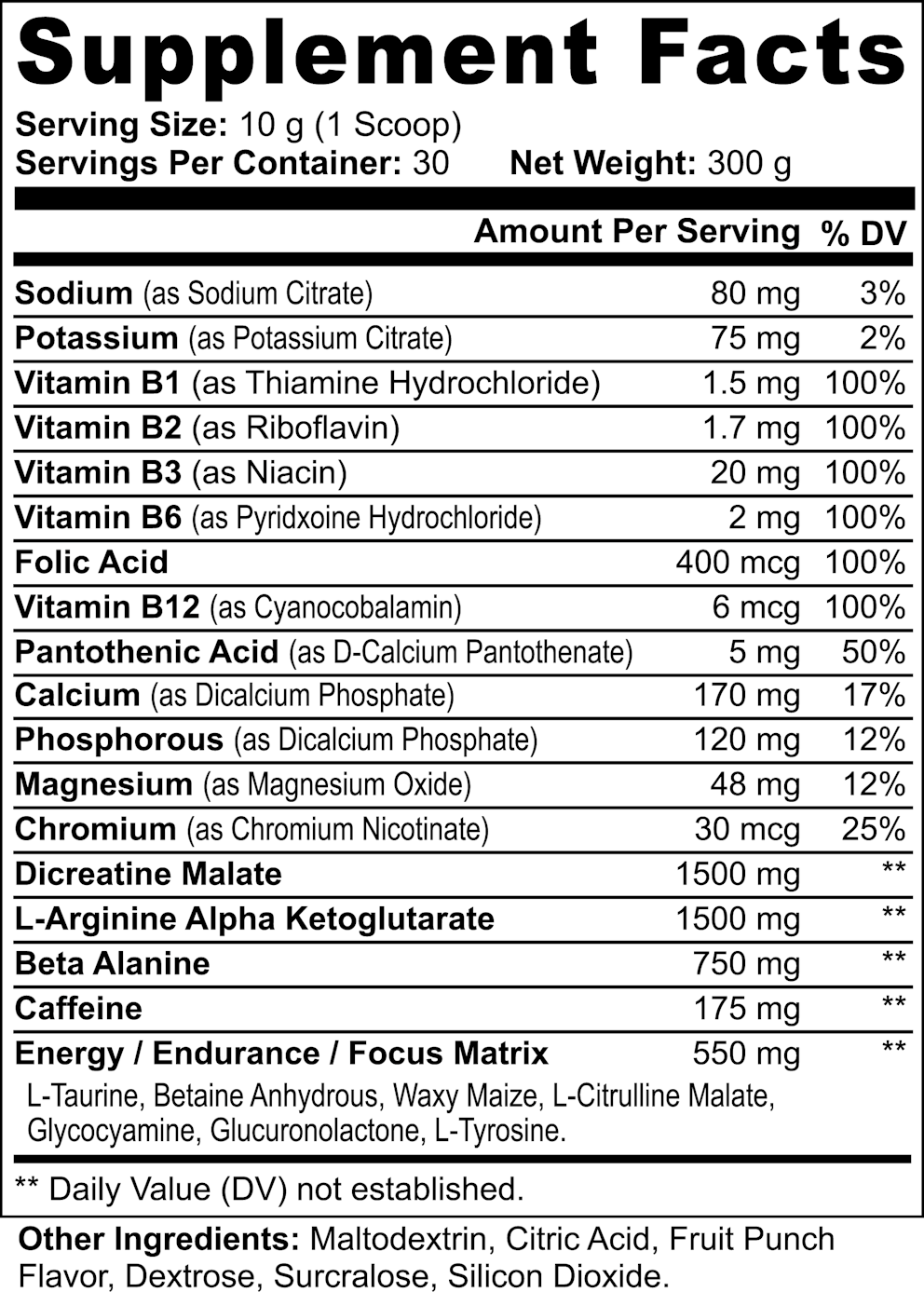 Nitric Shock Pre-Workout Powder (Fruit Punch) nutritional facts