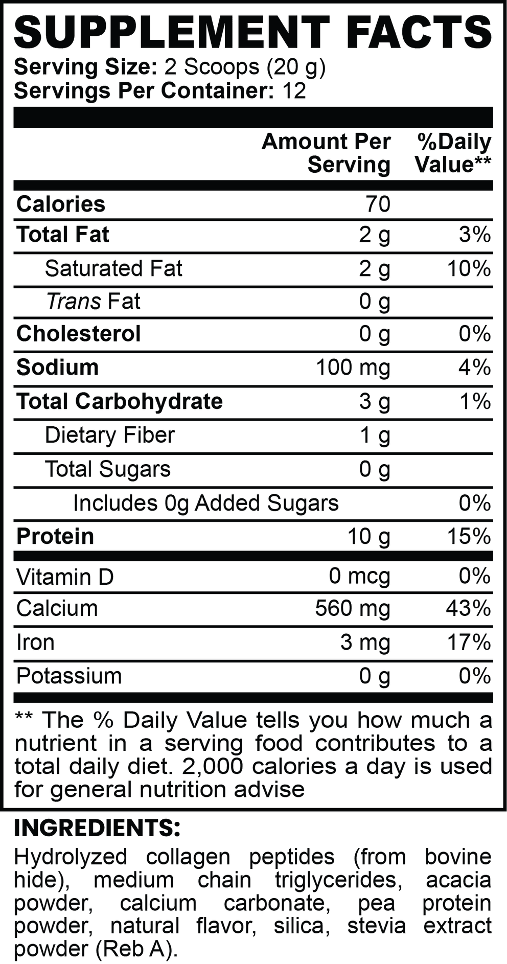 Grass-Fed Collagen Creamer (Vanilla) nutritional facts
