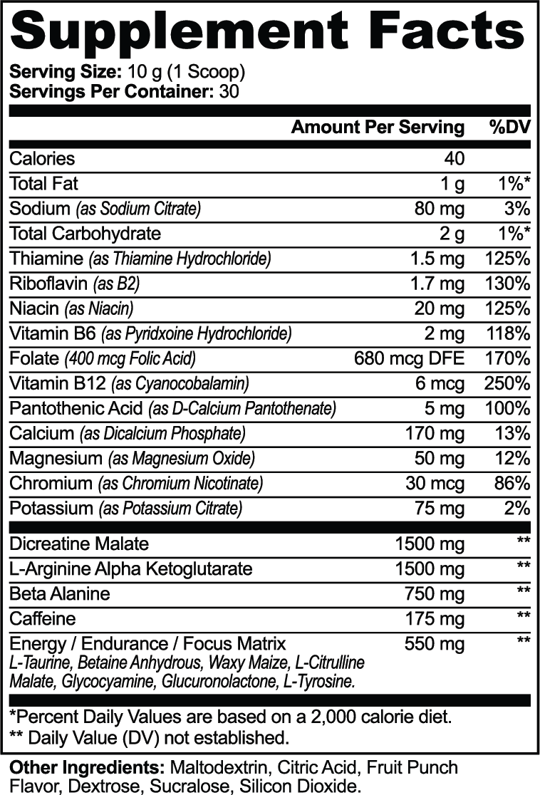 Nitric Shock Pre-Workout Powder (Fruit Punch) nutritional facts
