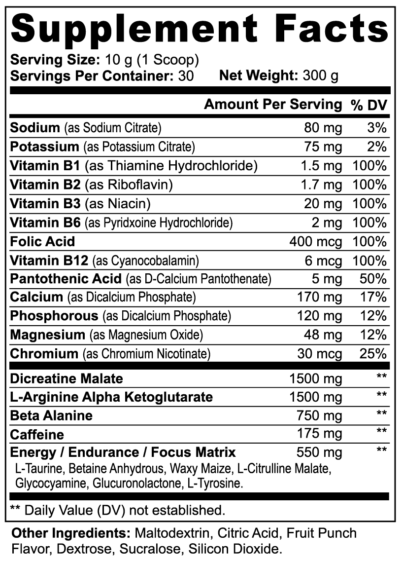 Nitric Shock Pre-Workout Powder (Fruit Punch) nutritional facts
