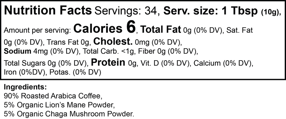 Vitality Mushroom Coffee (Medium Roast) nutritional facts
