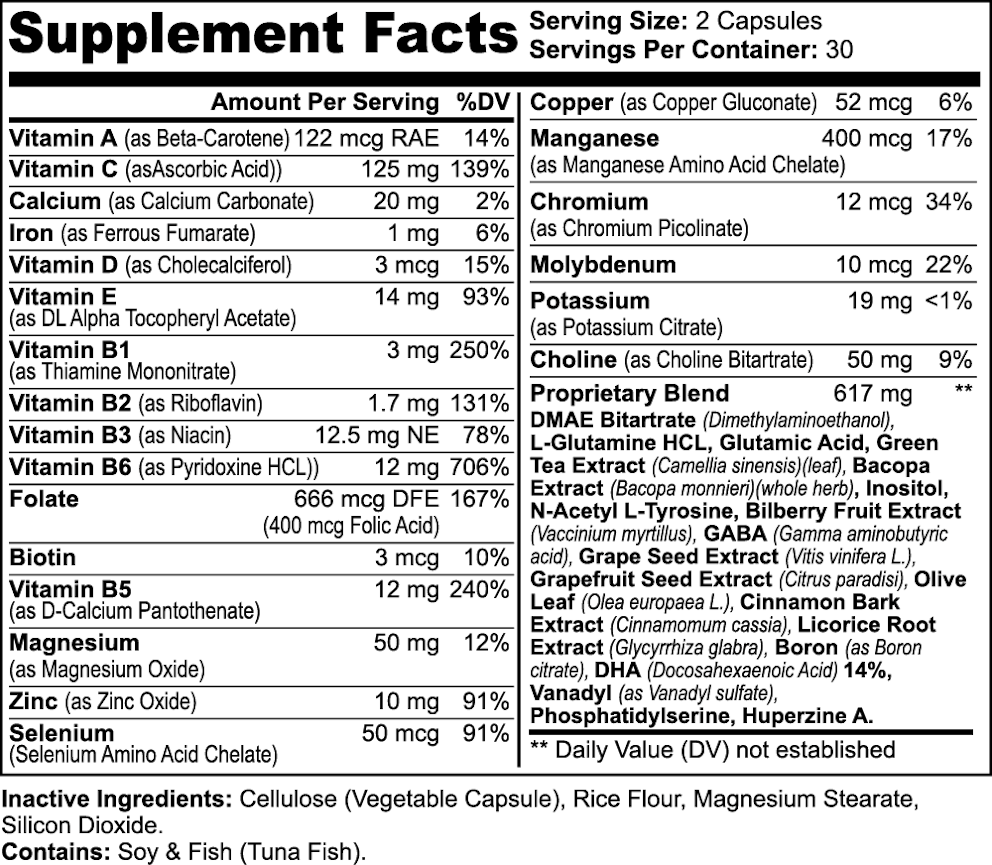Nootropic Brain & Focus Formula nutritional facts