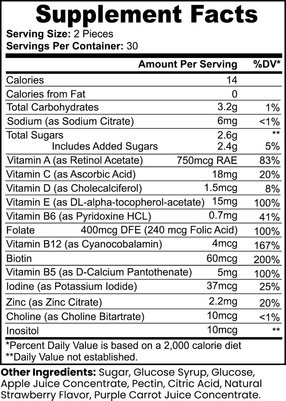 Multivitamin Bear Gummies (Adult) nutritional facts